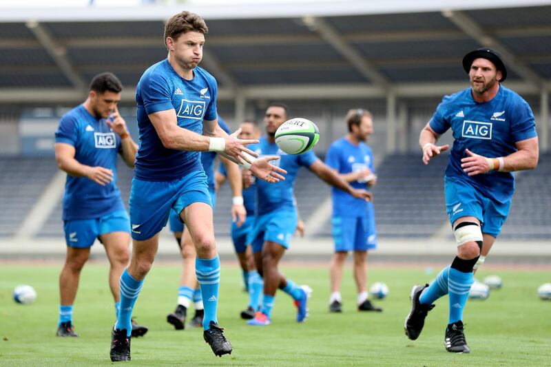Beauden Barrett, left, during New Zealand's training session in Japan yesterday. Getty