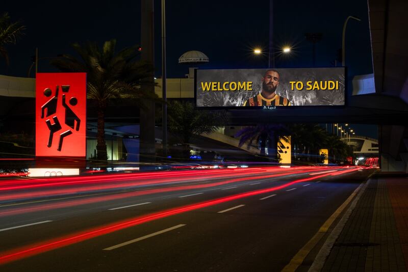 A billboard welcomes Karim Benzema ahead of his unveiling as an Al Ittihad player. Photo: Al-Ittihad