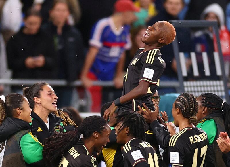 Jamaica's Deneisha Blackwood celebrates with teammates after their 0-0 draw with France in the Women’s World Cup at Sydney Football Stadium on July 23, 2023. Reuters