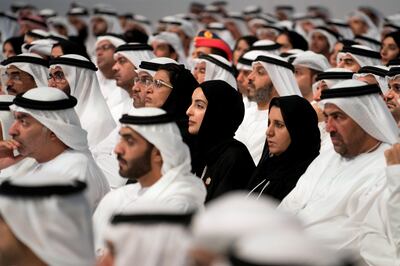 ABU DHABI, UNITED ARAB EMIRATES - September 27, 2017: HE Dr Maitha Salem Al Shamsi, UAE Minister of State (2nd L), HE Shamma Suhail Al Mazrouei, UAE Minister of State for Youth Affairs (3rd L), HE Noura Al Kaabi, UAE Minister of State for Federal National Council Affairs (C) and other dignitaries, attend the UAE Government annual meeting, at The St Regis Saadiyat Island Resort.

( Hamad Al Kaabi / Crown Prince Court - Abu Dhabi )
���