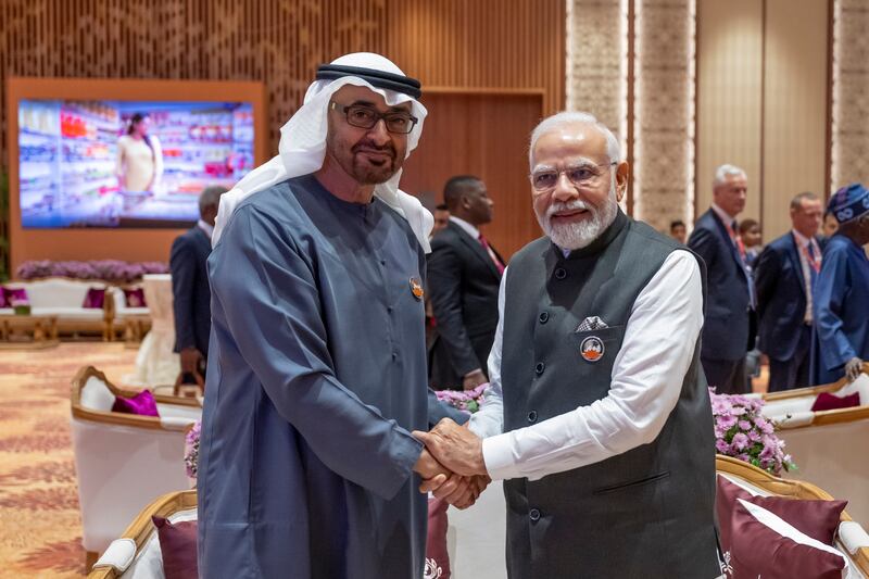 UAE President Sheikh Mohamed  greets Indian Prime Minister Narendra Modi at the G20 summit in New Delhi. Hamad Al Kaabi / UAE Presidential Court