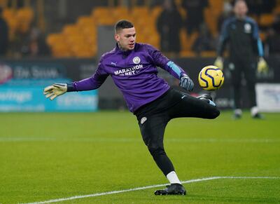 Soccer Football - Premier League - Wolverhampton Wanderers v Manchester City - Molineux Stadium, Wolverhampton, Britain - December 27, 2019  Manchester City's Ederson during the warm up before the match   REUTERS/Andrew Yates  EDITORIAL USE ONLY. No use with unauthorized audio, video, data, fixture lists, club/league logos or "live" services. Online in-match use limited to 75 images, no video emulation. No use in betting, games or single club/league/player publications.  Please contact your account representative for further details.