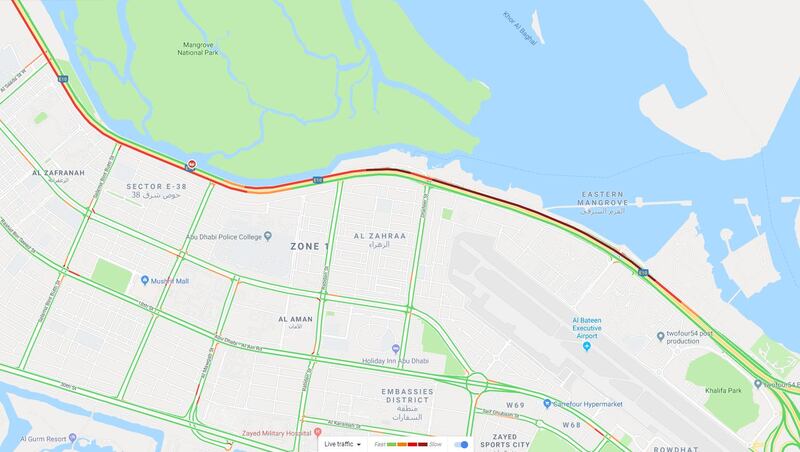 Traffic build up on Sheikh Khalifa Street on April 3, 2018. Courtesy Google Maps