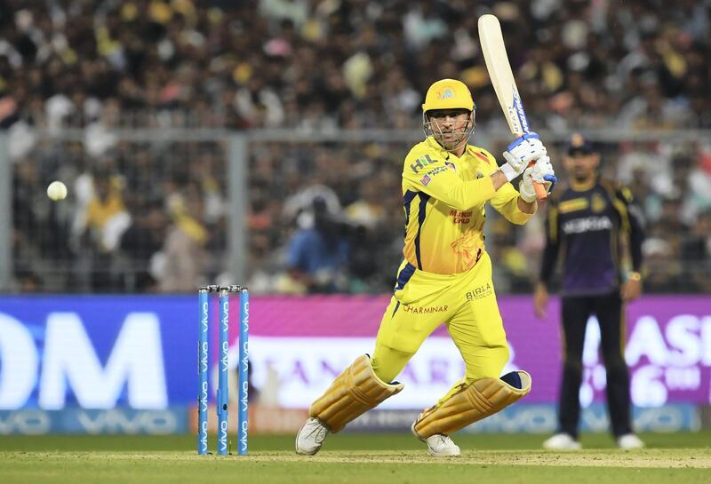 Chennai Super Kings captain MS Dhoni plays a shot during the 2018 Indian Premier League (IPL) Twenty20 cricket match between Kolkata Knight Riders and Chennai Super Kings  at The Eden Gardens Cricket Stadium in Kolkata on May 3, 2018. / AFP PHOTO / Dibyangshu SARKAR / ----IMAGE RESTRICTED TO EDITORIAL USE - STRICTLY NO COMMERCIAL USE----- / GETTYOUT
