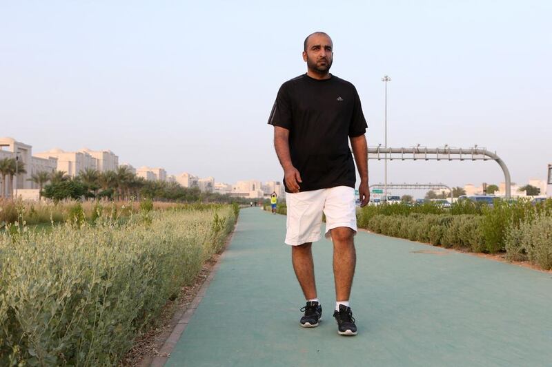 Abdalla Al Baloushi had a car accident three years ago, which left both of his legs paralyzed. Today, he is among the active runners at the newest recreational track in Salam Street. Fatima Al Marzooqi / The National.



