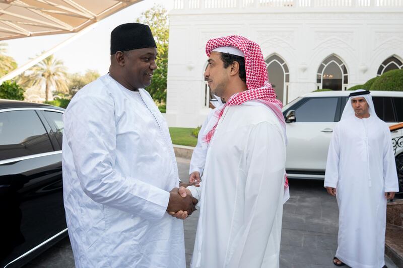 ABU DHABI, UNITED ARAB EMIRATES - July 15, 2019: HH Sheikh Mansour bin Zayed Al Nahyan, UAE Deputy Prime Minister and Minister of Presidential Affairs (C), receives Adama Barrow, President of Gambia (L), during a Sea Palace barza. 

( Mohamed Al Hammadi / Ministry of Presidential Affairs )
---