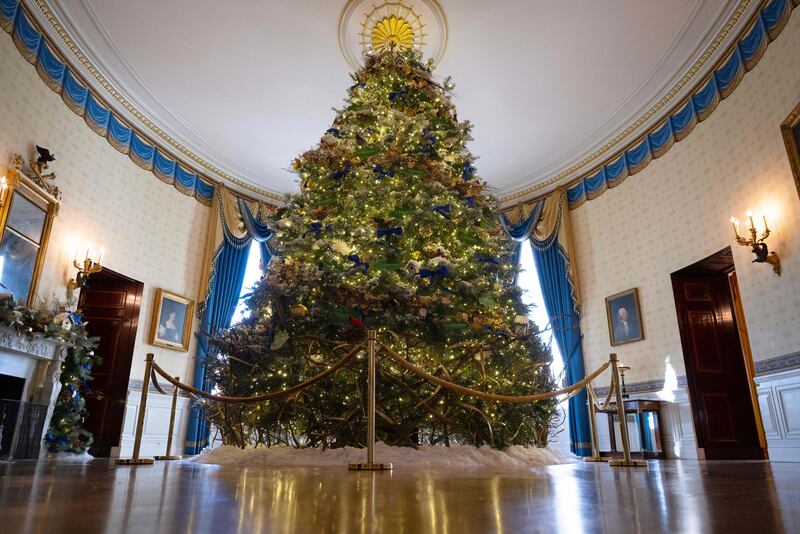 The tree stands in the Blue Room after being decorated. AFP