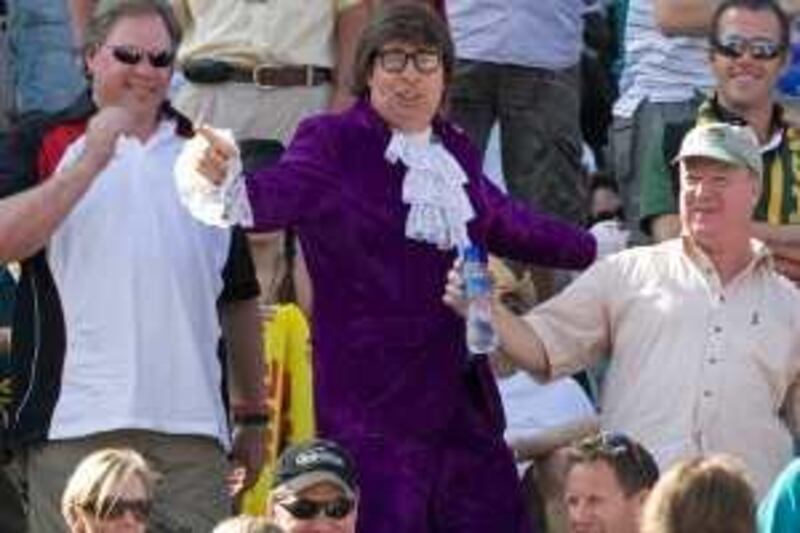 Dubai - December 5, 2009 - A man portraying the movie character Austin Powers entertains fans between matches during the Shield semi final matches of the IRB Sevens World Series XI tournament in Dubai December 5, 2009. (Photo by Jeff Topping/The National) *** Local Caption ***  JT019-1205-RUGBY SEVENS_MG_4321.jpg