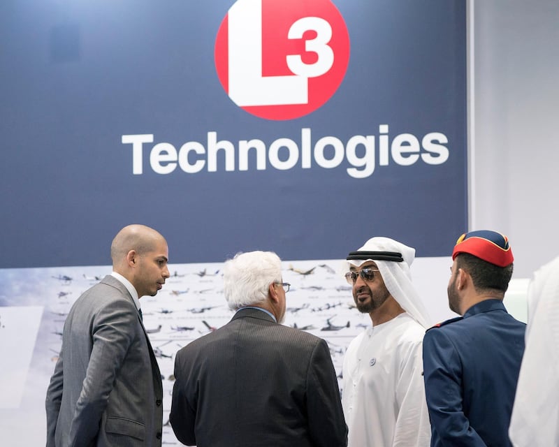 ABU DHABI, UNITED ARAB EMIRATES - February 27, 2018: HH Sheikh Mohamed bin Zayed Al Nahyan, Crown Prince of Abu Dhabi and Deputy Supreme Commander of the UAE Armed Forces (center R), visits the L3 Technology stand while touring the Unmanned Systems Exhibtion and Conference (UMEX) 2018 at the Abu Dhabi National Exhibition Centre (ADNEC).  
( Ryan Carter for the Crown Prince Court - Abu Dhabi )
---