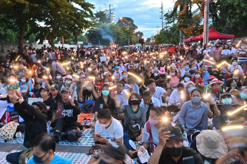 Anti-government protesters take part in a pro-democracy rally outside Thailand's parliament in Bangkok on September 24, 2020, as activists gathered to demand a new constitution.  / AFP / Mladen ANTONOV
