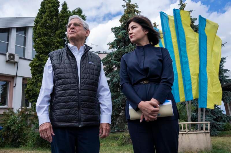 US Attorney General Merrick Garland and Ukrainian Prosecutor General Iryna Venediktova, meet at the Polish border on Tuesday. AP