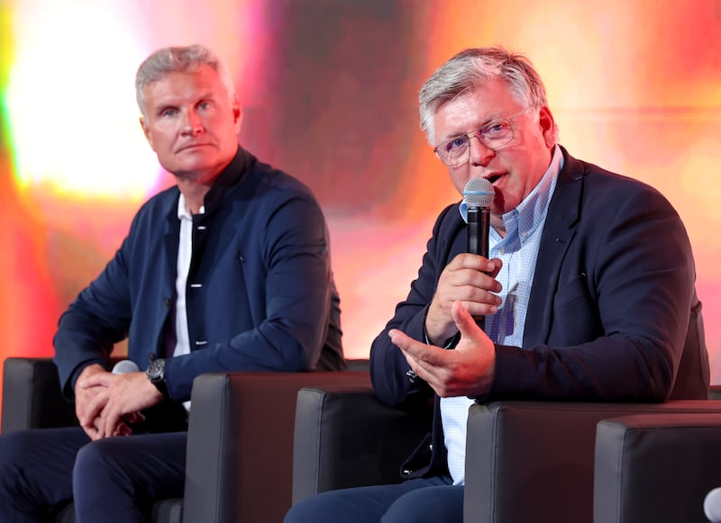 Otmar Szafnauer, right, and David Coulthard on stage at the Louvre Abu Dhabi.
