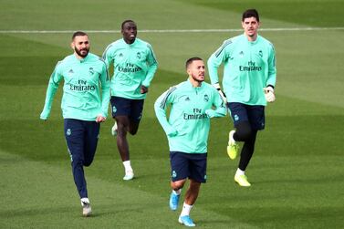 Real Madrid's Karim Benzema, Ferland Mendy, Eden Hazard and Thibaut Courtois during training for their Champions League clash with Galatasaray. Reuters