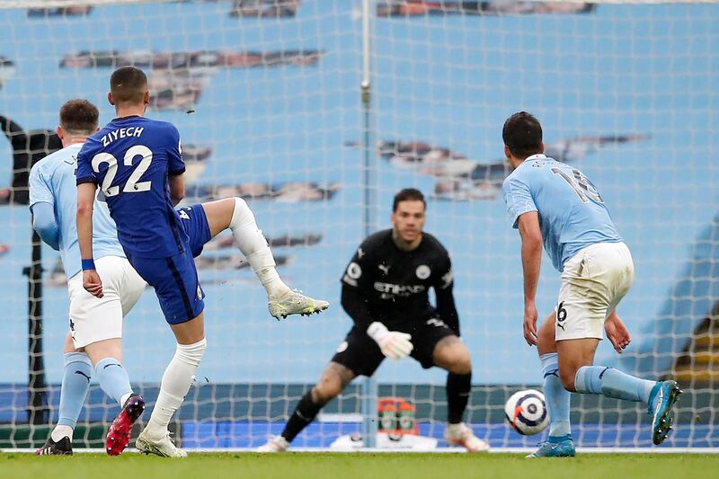 Chelsea's Hakim Ziyech fires home to make it 1-1. AFP