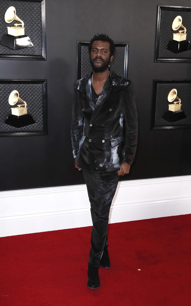 Gary Clark Jr. chooses a velvet tailored suit for the 62nd Annual Grammy Awards.  EPA