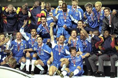 13 May 1998: Chelsea players celebrate after the European Cup Winners Cup final against VfB Stuttgart at the Rasunda Stadium in Stockholm, Sweden. Chelsea won the match 1-0. \ Mandatory Credit: Ben Radford/Allsport