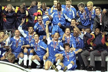 13 May 1998: Chelsea players celebrate after the European Cup Winners Cup final against VfB Stuttgart at the Rasunda Stadium in Stockholm, Sweden. Chelsea won the match 1-0. \ Mandatory Credit: Ben Radford/Allsport