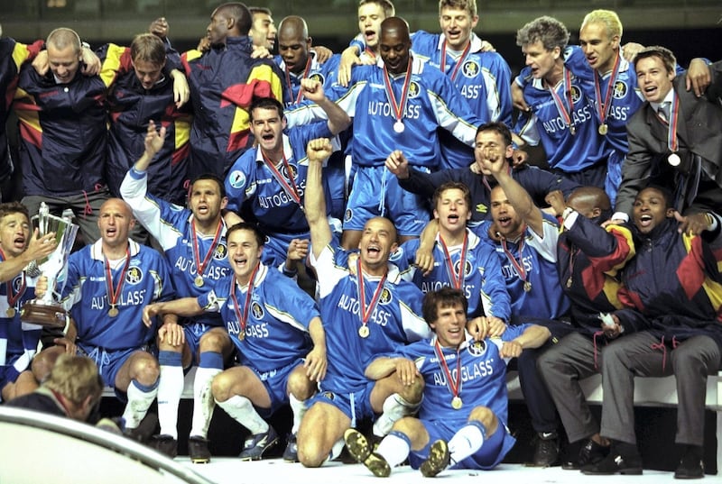 13 May 1998:  Chelsea players celebrate after the European Cup Winners Cup final against VfB Stuttgart at the Rasunda Stadium in Stockholm, Sweden. Chelsea won the match 1-0. \ Mandatory Credit: Ben  Radford/Allsport