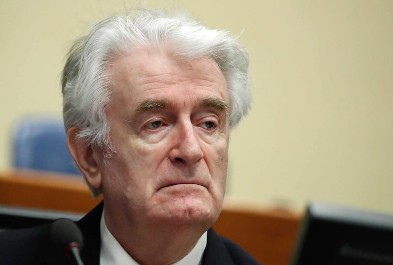 Former Bosnian Serb leader Radovan Karadzic appears in a courtroom before the International Residual Mechanism for Criminal Tribunals (MICT), which handles outstanding war crimes cases for the Balkans and Rwanda, in The Hague, The Netherlands, April 24, 2018. EPA