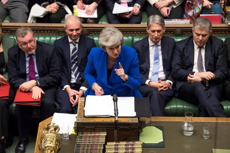 British Prime Minister Theresa May talks during a no confidence debate after Parliament rejected her Brexit deal, in London, Britain, January 16, 2019. UK Parliament/Jessica Taylor/Handout via REUTERS  ATTENTION EDITORS -  THIS IMAGE HAS BEEN SUPPLIED BY A THIRD PARTY.