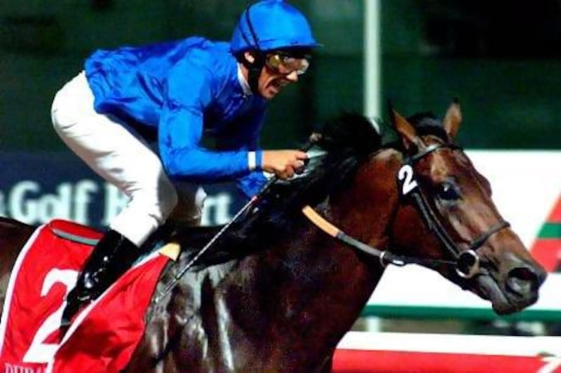 Dubai Millennium, ridden by Frankie Dettori, crosses the finish line at the Nad al Sheba racetrack to win the world's richest horse race in March 2000. AFP