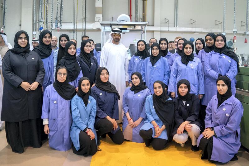 AL AIN, ABU DHABI, UNITED ARAB EMIRATES - February 07, 2019: HH Sheikh Mohamed bin Zayed Al Nahyan, Crown Prince of Abu Dhabi and Deputy Supreme Commander of the UAE Armed Forces (C), stands for a photograph with students during a visit to the United Arab Emirates University. 

( Rashed Al Mansoori / Ministry of Presidential Affairs )
---
