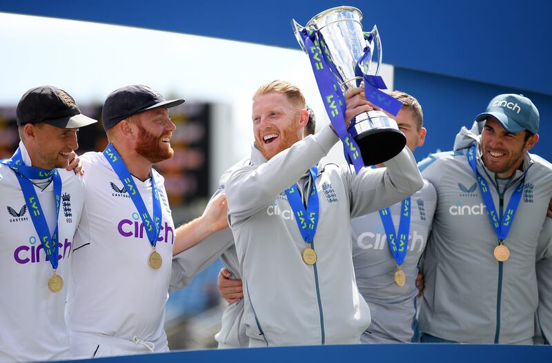 England captain Ben Stokes lifts the series trophy. Getty