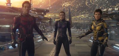 From left, Paul Rudd, Kathryn Newton and Evangeline Lilly in Ant-Man and the Wasp: Quantumania. Photo: Disney / Marvel Studios