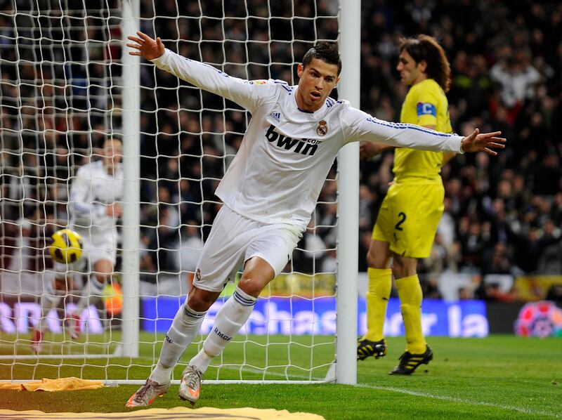 Cristiano Ronaldo celebrates after scoring for Real Madrid during a La Liga match at home to Villarreal on January 9, 2011. AFP