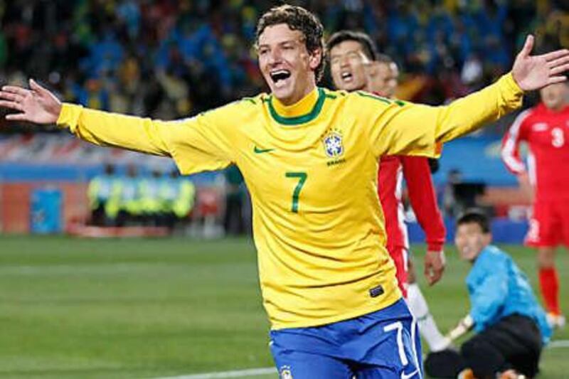 Elano celebrates after scoring Brazil's second goal.