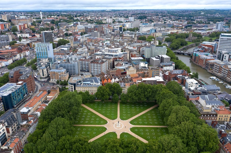 Queen Square in Bristol where hearts were sprayed on to the grass in an effort to encourage social distancing during the Covid-19 pandemic in 2020