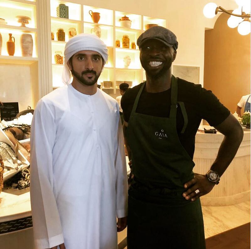 Sheikh Hamdan is a strong supporter of Dubai chef Izu Ani and his chain of restaurants. The chef is pictured here, right, with Sheikh Hamdan at the Gaia Dubai Mediterranean restaurant. He has also played host to the Crown Prince at Fika at Jumeirah Beach Hotel, Izu Brasserie and The Lighthouse in Dubai Design District. Photo: Instagram / @gaia__dxb
