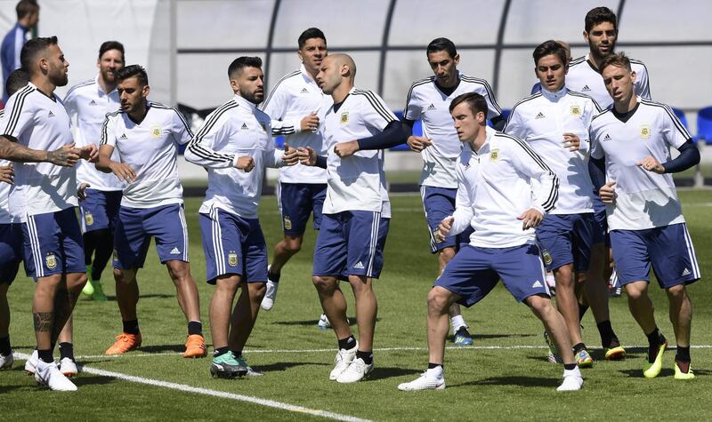 Argentina players take part in a training drill. Juan Mabromata / AFP