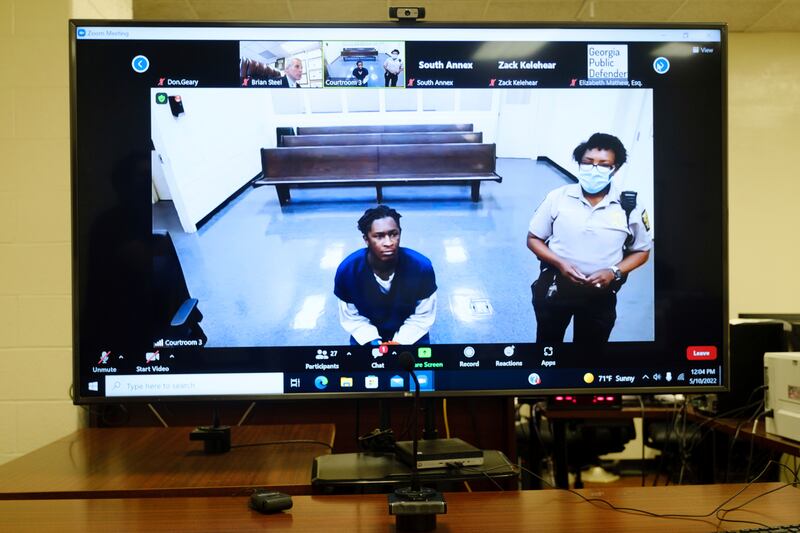 Atlanta rapper Young Thug waits during a virtual appearance before a Fulton County judge earlier this year. Atlanta Journal-Constitution / AP
