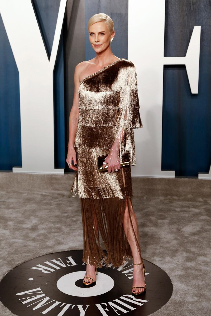 Charlize Theron in Christian Dior at the 2020 Vanity Fair Oscar Party. EPA
