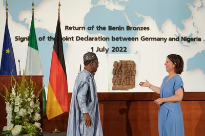 Germany returned a first batch of Benin Bronze sculptures to Nigeria last year. AP 