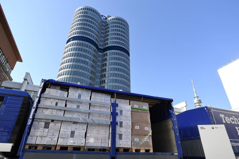 A truck of the Federal Agency for Technical Relief (THW), loaded with protection masks and gloves, stands in front of the headquarters of German luxury carmaker BMW, after BMW donated the relief goods, as the spread of the coronavirus disease (COVID-19) continues in Munich, Germany, April 8, 2020. REUTERS/Andreas Gebert