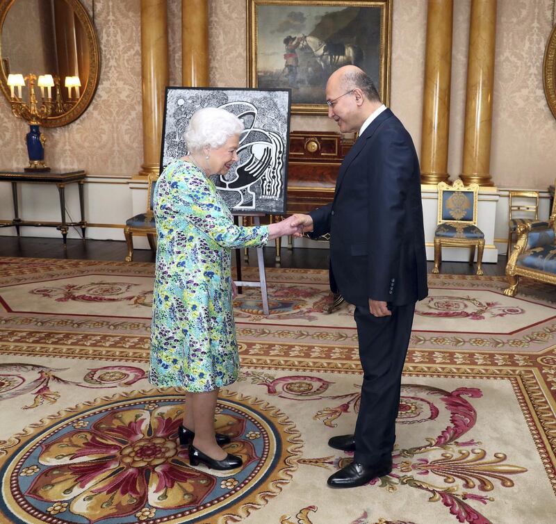 LONDON, ENGLAND - JUNE 27: Queen Elizabeth II receives the President of Iraq, Barham Salih during a private audience at Buckingham Palace on June 27, 2019 in London, England. (Photo by Steve Parsons - WPA Pool/Getty Images)