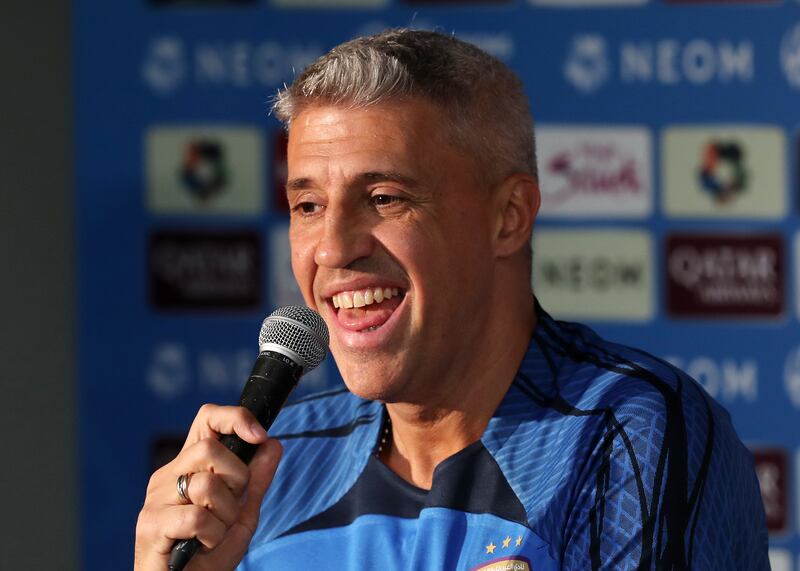 Al Ain manager Hernan Crespo enjoys a laugh with the media.