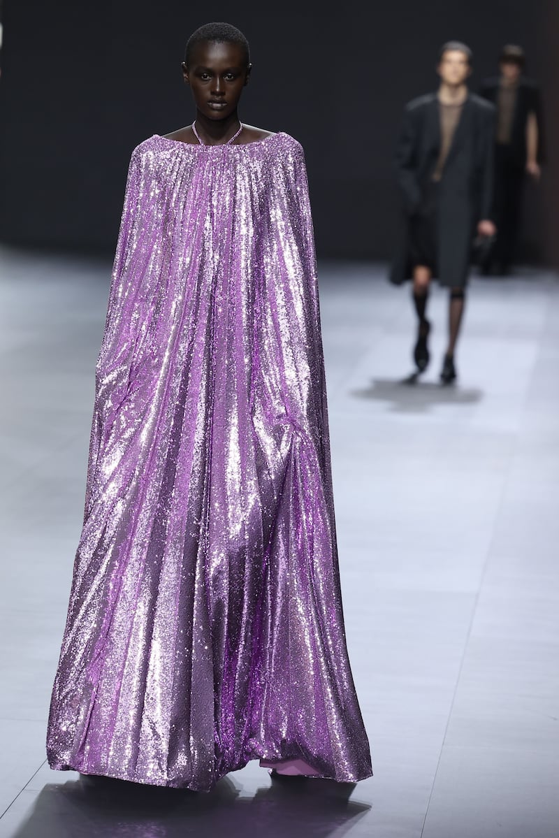 At Valentino, there were numerous metallic, pleated looks, such as this one in lilac for spring/summer 2023. Getty 