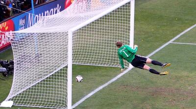 Manuel Neuer of Germany watches the ball bounce over the line from a Frank Lampard shot that hit the crossbar, but referee Jorge Larrionda judged that the ball did not cross the line. Getty