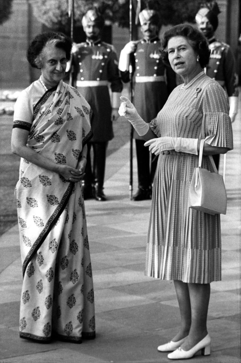 Queen Elizabeth with Indian Prime Minister Indira Gandhi at the Rashtrapati Bhavan, the president's palace in Delhi, during the first day of her visit to India. November 17, 1983. AP Photo