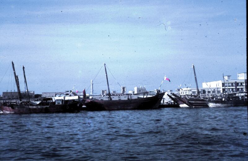 Trading dhows moored at Dubai Creek, 1968
 Taken while Neville was ÔmoonlightingÕ on an RAF Shackleton Ð he was with the British Army Air Corps in Sharjah. Handout photos by Nevile Ryton who served with the Britsih Army Air Corp. in Sharjah from 1967-1968. His photos show Abu Dhabi, Dubai, Ras Al Khaimah and Fujeirah.(Courtesy of Nevile Ryton) for Colin Simpson story?