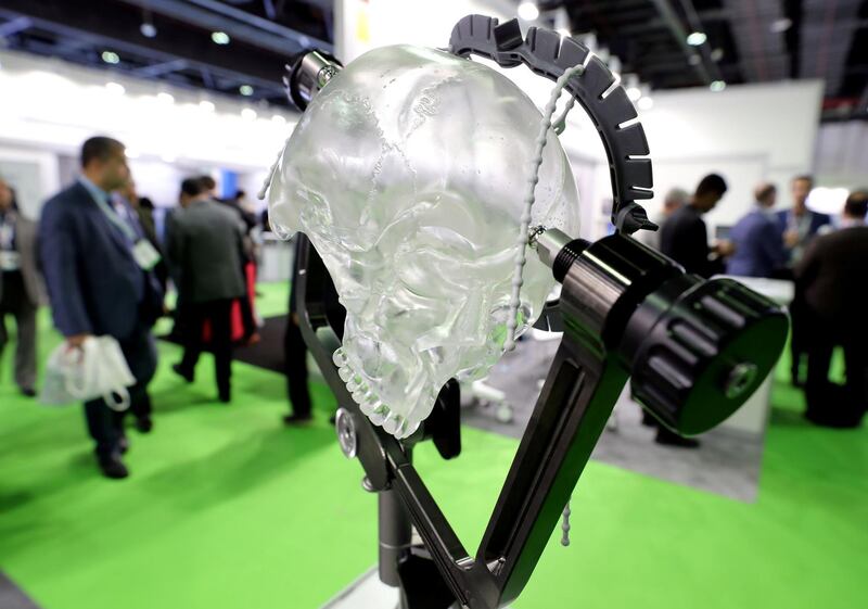 Dubai, United Arab Emirates - Reporter: Dan Sanderson: Mayfield head rest system used to brace a head while brain surgery is conducted. Thousands of people gather for the Arab Health conference. Monday, January 27th, 2020. World trade centre, Dubai. Chris Whiteoak / The National