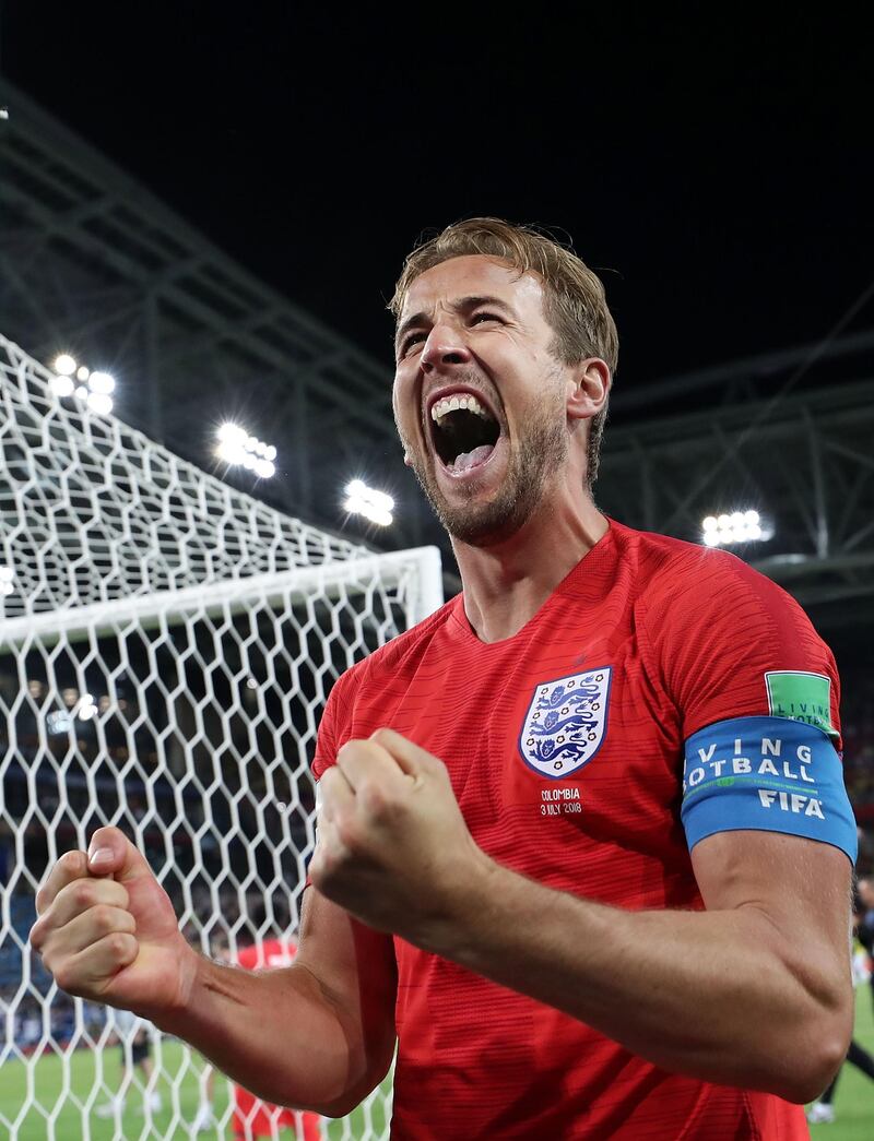 MOSCOW, RUSSIA - JULY 03:  Harry Kane of England celebrates victory following the 2018 FIFA World Cup Russia Round of 16 match between Colombia and England at Spartak Stadium on July 3, 2018 in Moscow, Russia.
