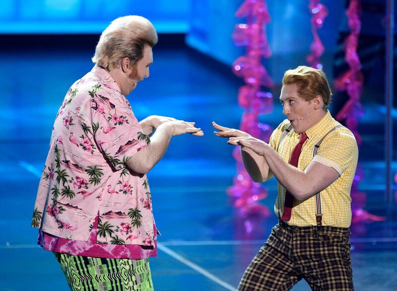 Danny Skinner, left, and Ethan Slater, from the cast of 'SpongeBob SquarePants: The Musical', perform. AP