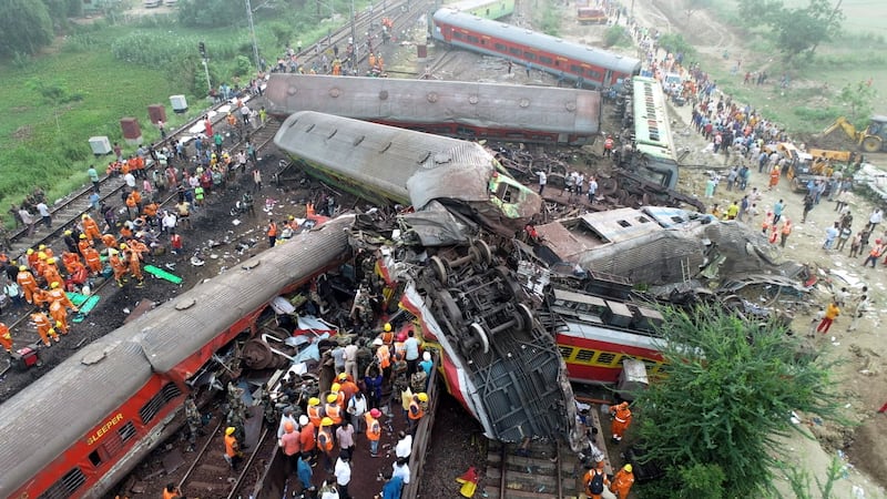 The chaotic scene after a train crash in Odisha, India. EPA