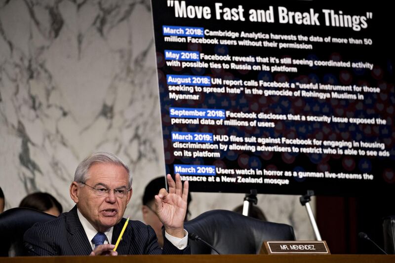 Senator Robert Menendez, a Democrat from New Jersey, questions David Marcus, head of blockchain with Facebook Inc., not pictured, during a Senate Banking Committee hearing in Washington, D.C., U.S., on Tuesday, July 16, 2019. Facebook won't launch Libra, the controversial cryptocurrency it's planning to build with dozens of partner firms, until regulators' concerns are fully addressed, according to Marcus. Photographer: Andrew Harrer/Bloomberg