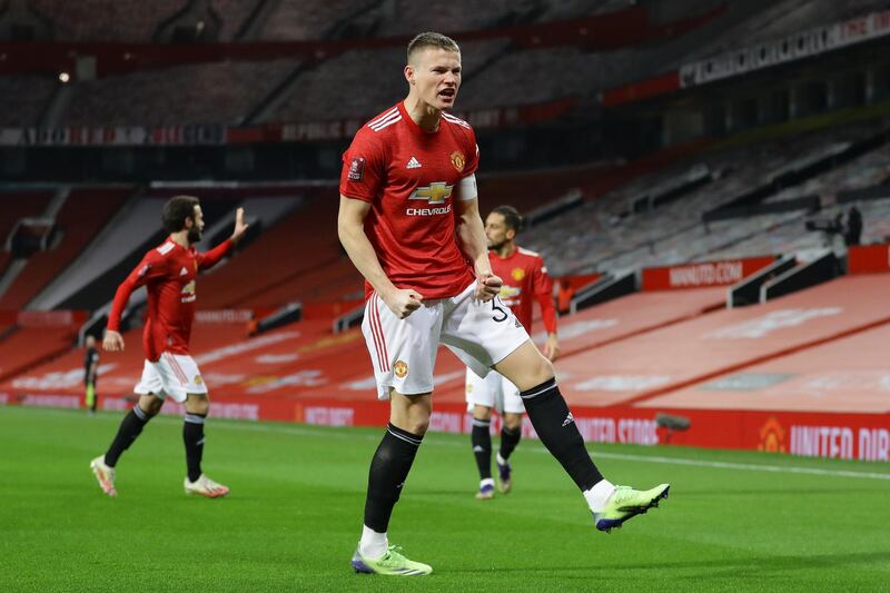 MANCHESTER, ENGLAND - JANUARY 09: Scott McTominay of Manchester United celebrates after scoring their team's first goal during the FA Cup Third Round match between Manchester United and Watford at Old Trafford on January 09, 2021 in Manchester, England. The match will be played without fans, behind closed doors as a Covid-19 precaution. (Photo by Richard Heathcote/Getty Images)