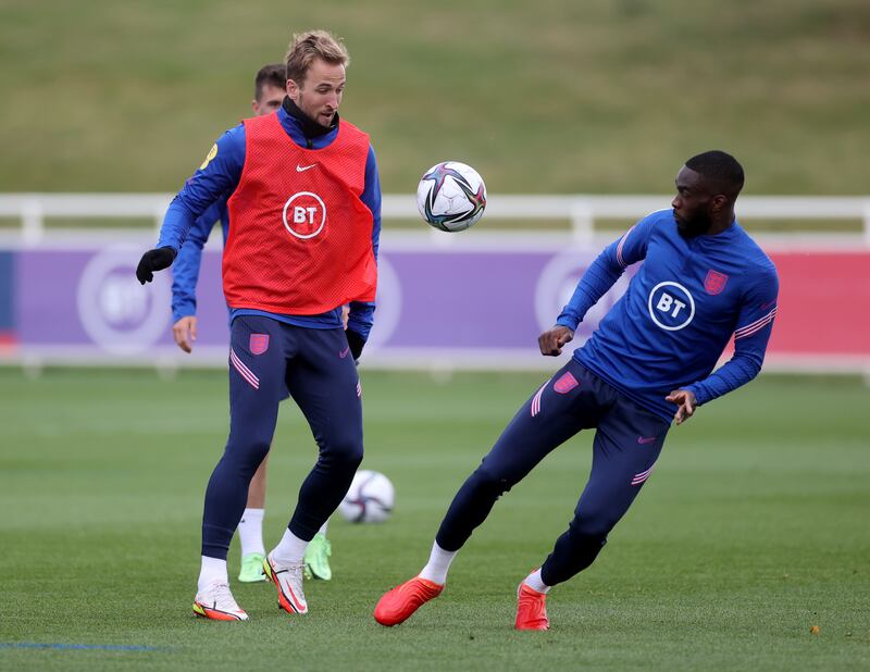 England's Harry Kane and Fikayo Tomori during training. Reuters